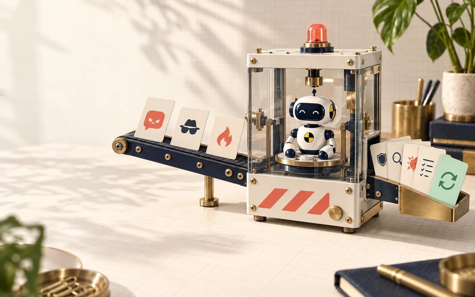 AI agent crash-test robot in a miniature testing lab with adversarial prompt and evidence cards