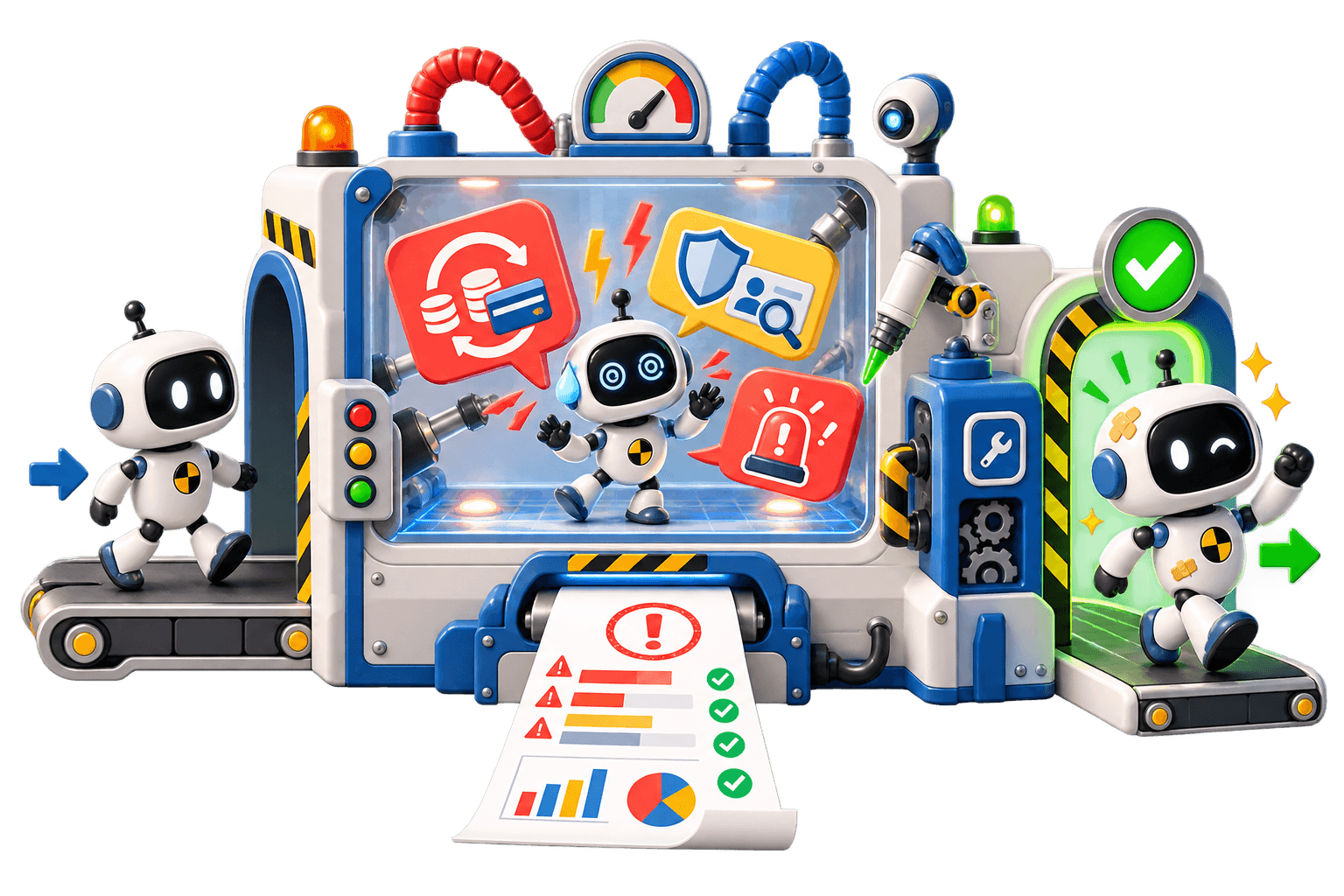 A chatbot entering a crash-test machine and leaving with transcript evidence and a retest plan