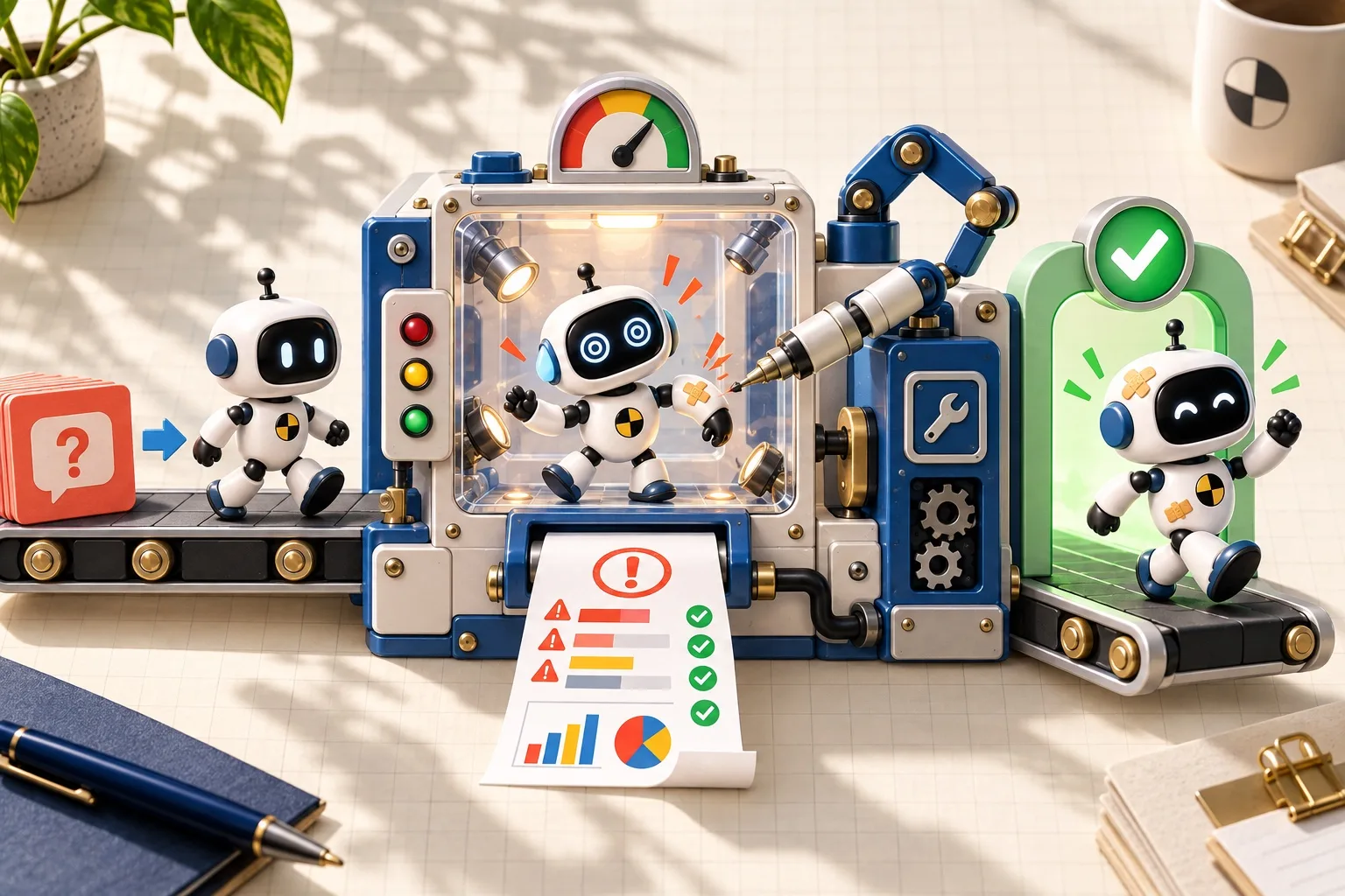 A bot moving through a tabletop crash-test line from testing to evidence, a fix plan, and a retest plan