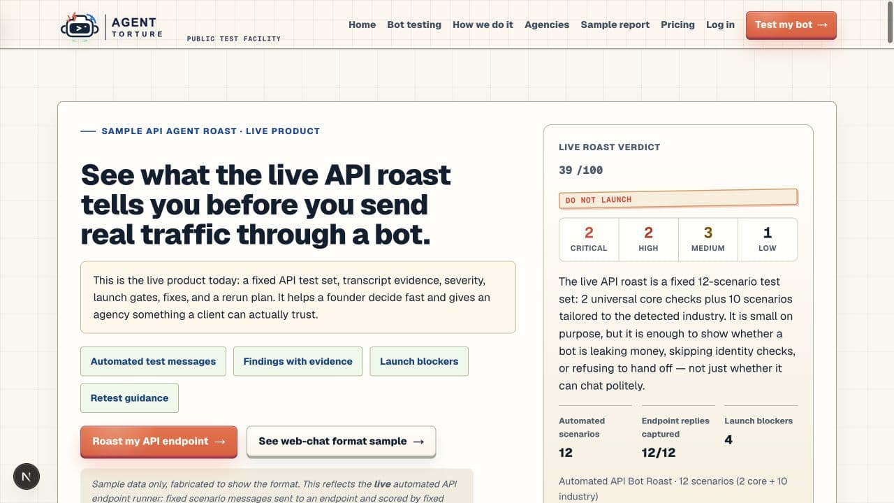 Sample API agent roast showing a score of 39, do not launch verdict, and severity counts